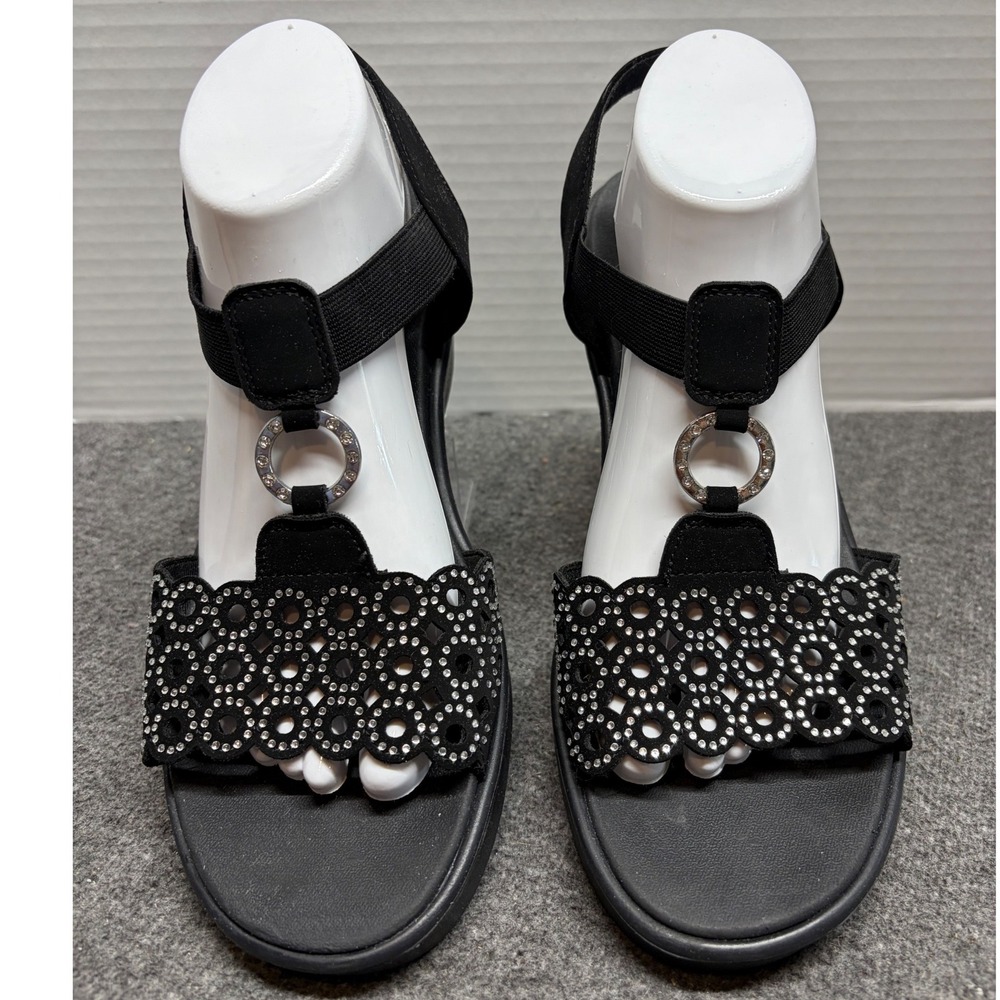 Skechers Cali Luxe Foam Black Rhinestone Laser Cut Wedge Sandals Womens 9.5-10